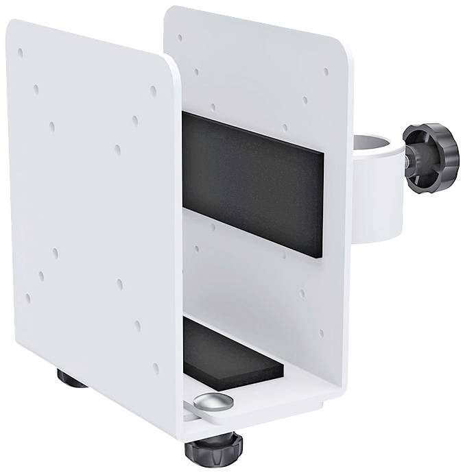 A vertical metal computer holder with adjustable width, suitable for securely mounting devices underneath a desk.