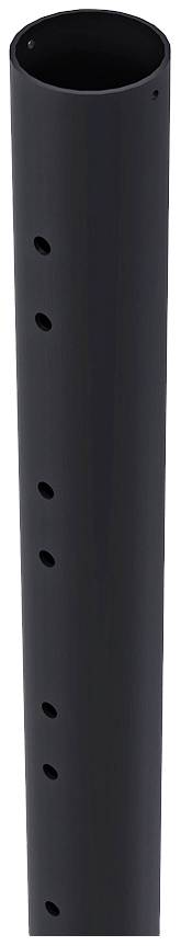 Black, hollow metal pipe with several evenly distributed holes along its side, positioned vertically.