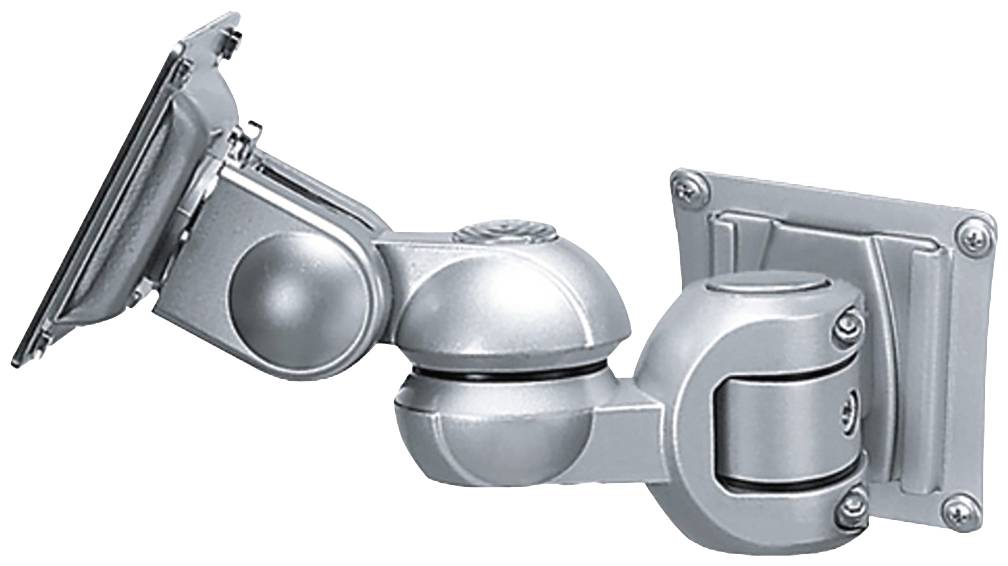 Metallic, adjustable monitor arm with multiple joints for mounting on a wall or desk.
