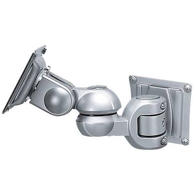Metallic, adjustable monitor arm with multiple joints for mounting on a wall or desk.