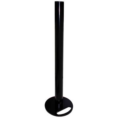 A black, cylindrical metal stand with a round base, used for storage.