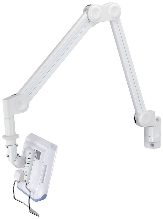 A white, adjustable monitor arm for wall mounting, which holds an electronic device. Ideal for flexible screen positioning.