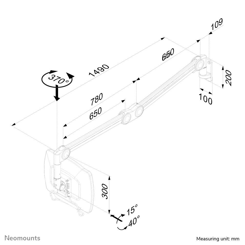 Adjustable monitor arm with max. length 1490 mm, angle range from -15° to 40°, rotation range up to 370°, dimensions stated in mm.