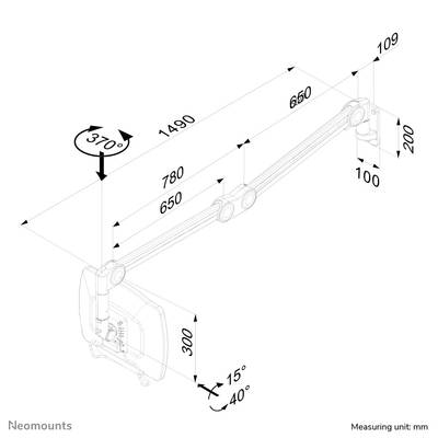 Adjustable monitor arm with max. length 1490 mm, angle range from -15° to 40°, rotation range up to 370°, dimensions stated in mm.