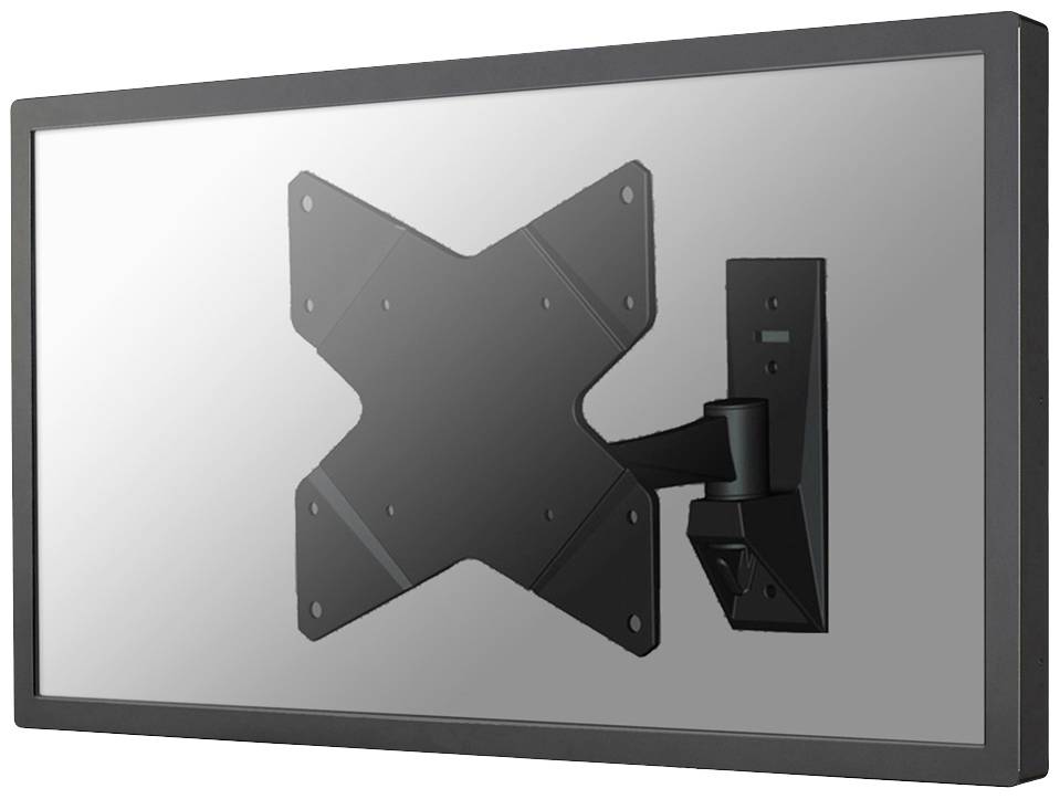 A wall mount for a flat-screen television with a swivel arm, mounted on a frosted glass panel.