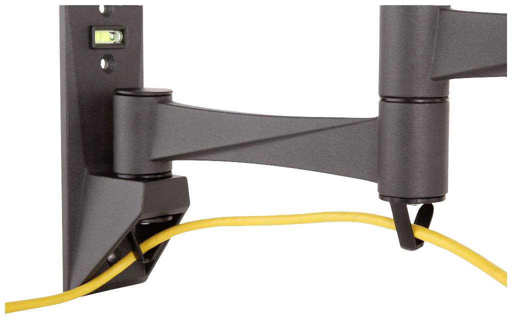 A black wall mount for screens with integrated cable management holds a yellow cable.