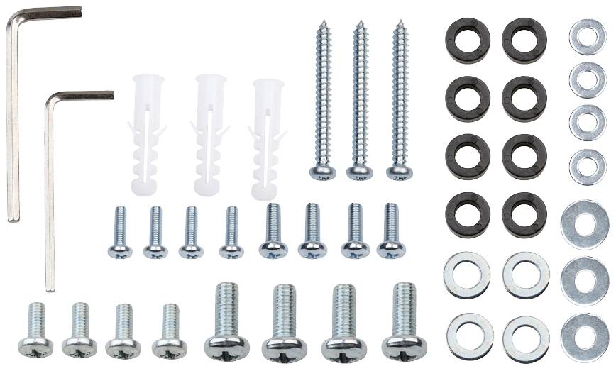 A set of two Allen keys, wall plugs, screws, and washers in various sizes, arranged on a white background.