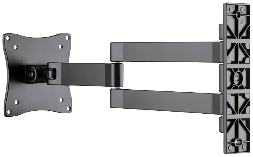Black, foldable TV wall mount with two articulating arms, suitable for small to medium-sized screens. Ideal for flexible positioning.