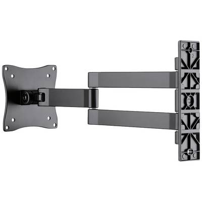 Black, foldable TV wall mount with two articulating arms, suitable for small to medium-sized screens. Ideal for flexible positioning.