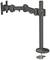 Flexible metal monitor arm, mounted on a desk. Adjustable in height and angle, for ergonomic positioning of a monitor.