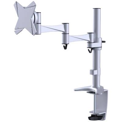 A silver, height-adjustable monitor mount with a pivoting arm, clamped to a desk edge, for ergonomic working.