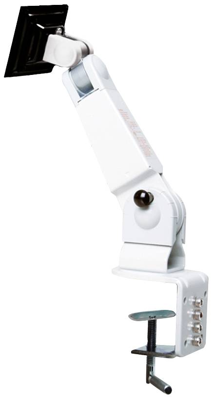 A white, adjustable monitor arm with a clamp for mounting on a desk. Ideal for ergonomic screen positioning.