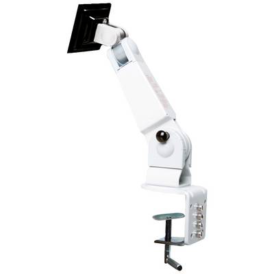 A white, adjustable monitor arm with a clamp for mounting on a desk. Ideal for ergonomic screen positioning.