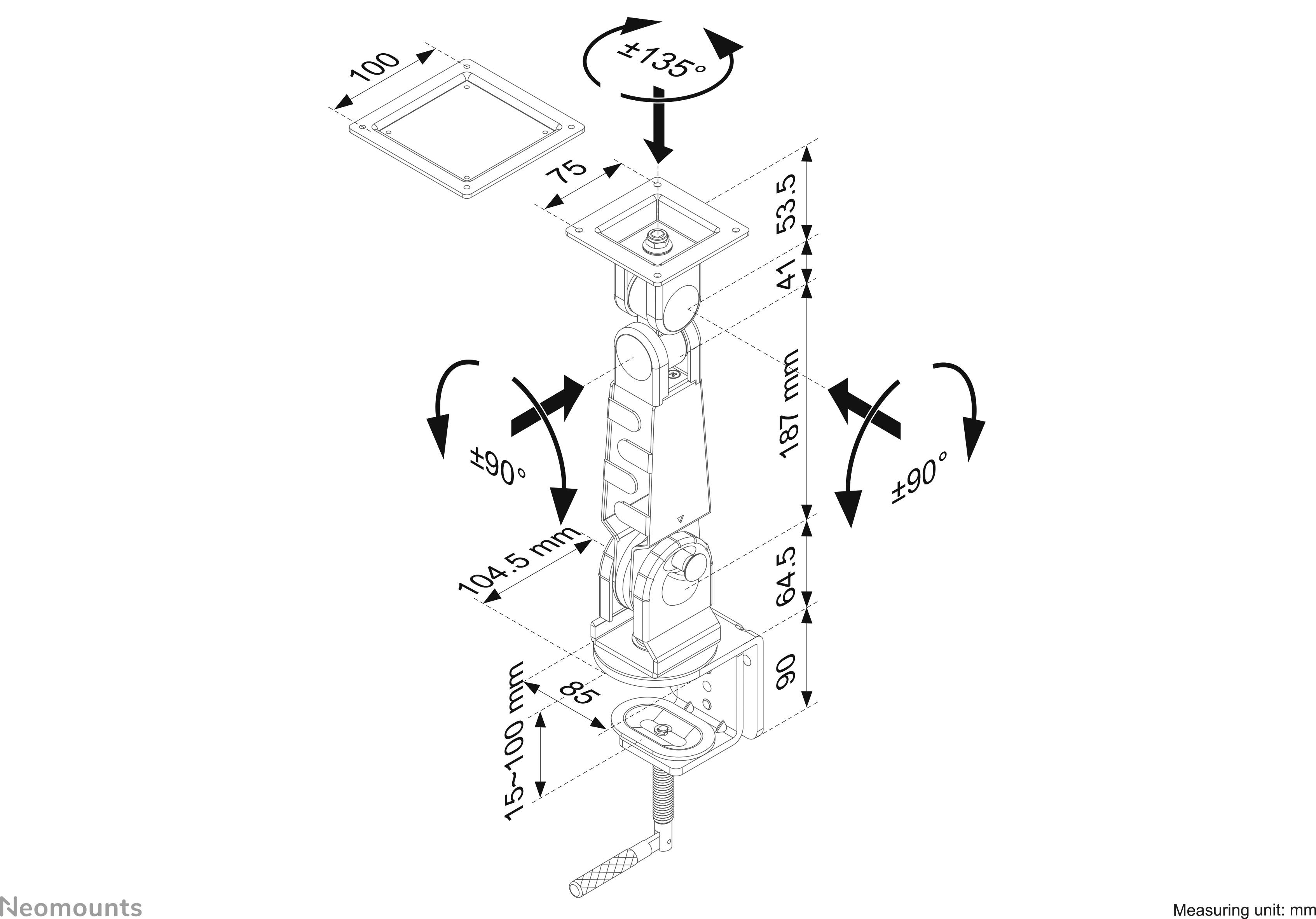 The diagram shows an assembly instruction for a monitor mount with angle adjustments and measurements in millimetres.