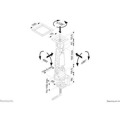 The diagram shows an assembly instruction for a monitor mount with angle adjustments and measurements in millimetres.