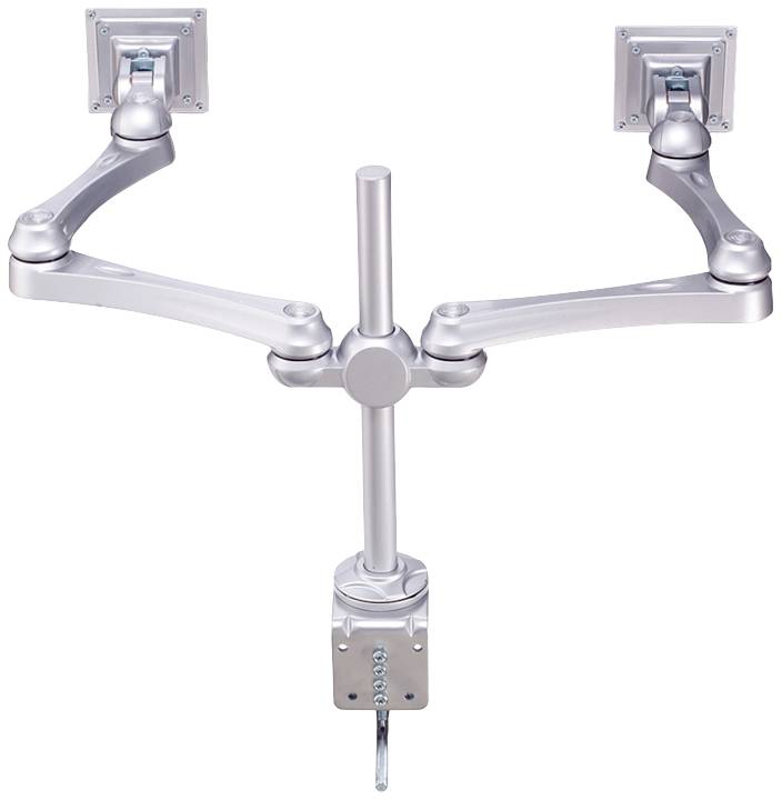 Dual-arm metal monitor mount. Suitable for simultaneously attaching two monitors to a desk.