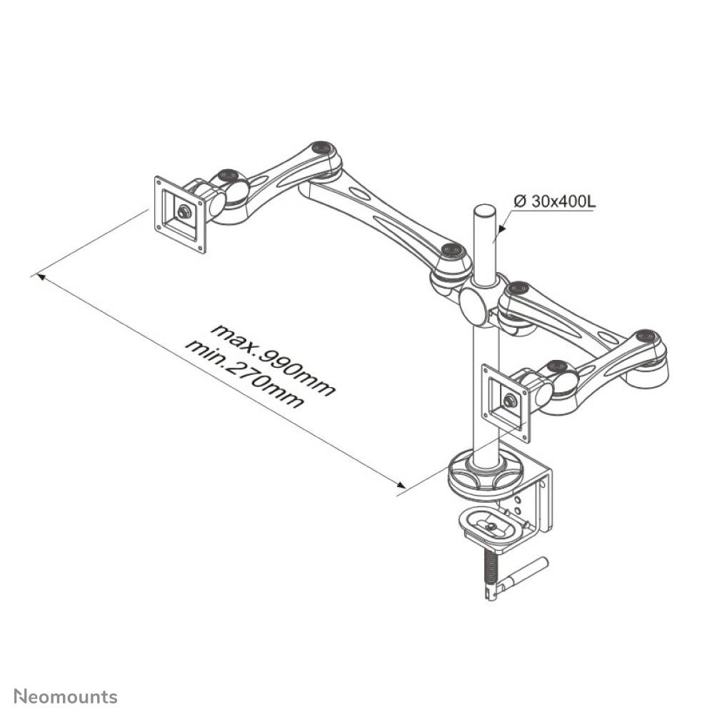 Technical drawing of an adjustable monitor arm with two extension arms; maximum length 990 mm, minimum length 270 mm.