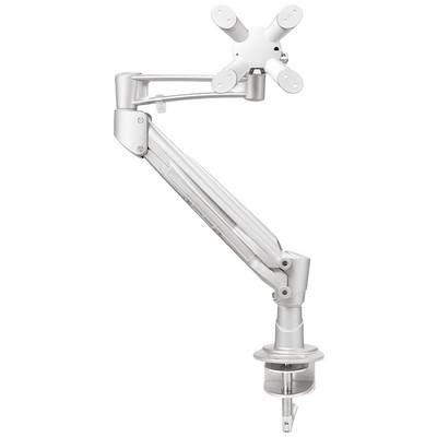 A silver, adjustable monitor arm for desk mounting with multiple joints for flexible positioning of a monitor.