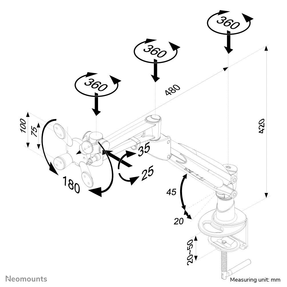 A technical drawing of a monitor arm with adjustable joints. Measurements indicated in millimetres. Rotational movements and tilt angles are marked.