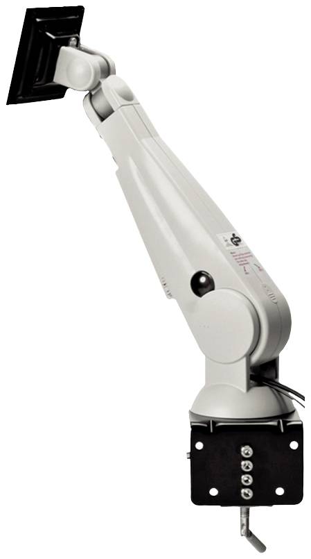 'Ergonomic monitor arm, height-adjustable, grey, for flexible mounting of screens in workplaces.'