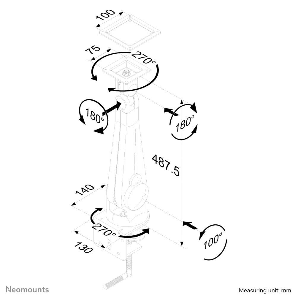 Technical drawing of a monitor mount. Dimensions and rotation angles are specified: 270°, 180°, 487.5 mm height, 100 mm width.