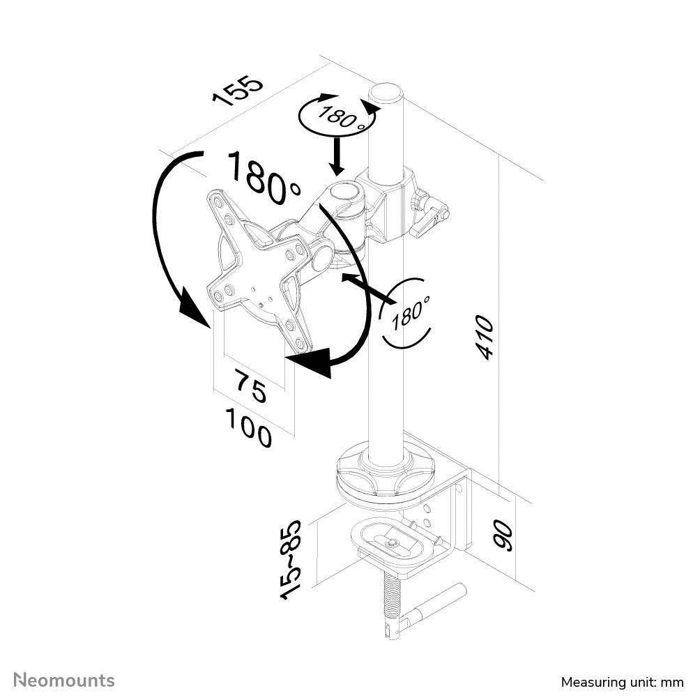 'Technical drawing of an adjustable monitor arm. Dimensions: 155 x 410 mm. Tilt angle: 180° in three directions. Unit of measurement: mm.'