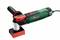 An electric angle grinder in green and red with a black handle and red switch.