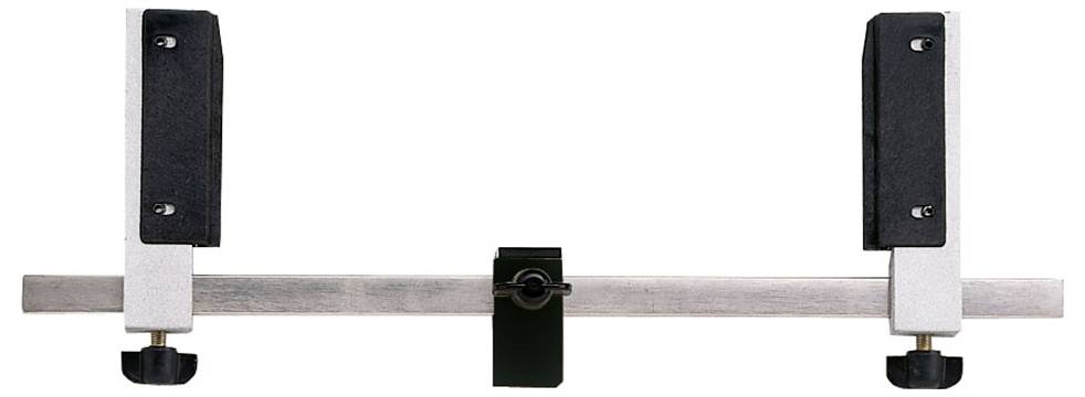 A metal bar with adjustable black clamps on either end, used for securely holding objects in place.