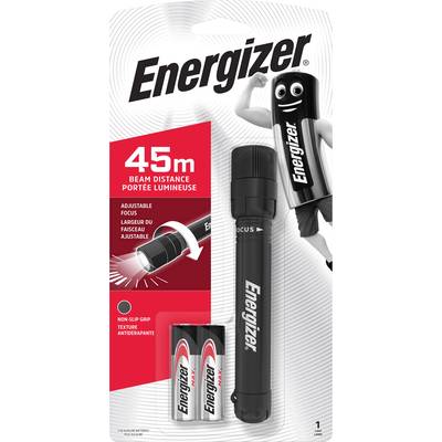 'Energizer' packaging with torch, two batteries. Text reads: '45m beam distance, non-slip grip, adjustable focus.'