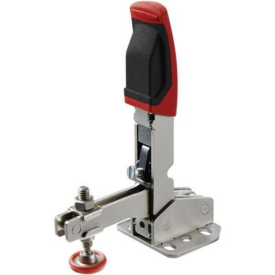 Metal quick-release clamp with a red handle. Used for rapidly securing workpieces, commonly in woodworking and metalworking.