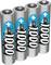 Four silver AA batteries with blue labels stand upright next to each other. Each battery displays the inscription 'Type 1000'.