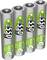 Four silver AA batteries with 550 mAh and a green 'max e' logo. Inscription emphasises environmentally friendly features.