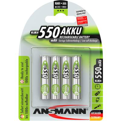 'Pack of 4 rechargeable AAA batteries, NiMH, 550 mAh from Ansmann. Notes on low self-discharge and tested quality.'