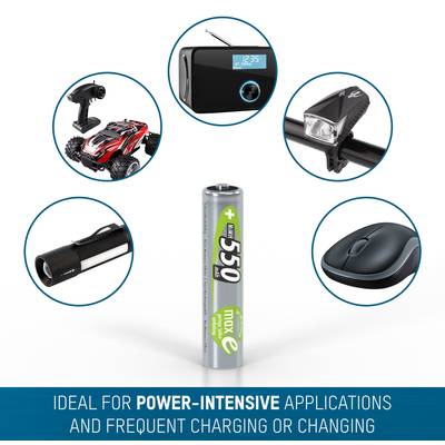 Battery at the centre, surrounded by images of an RC car, a power bank, a bicycle light, a torch, and a computer mouse. Ideal for power-intensive applications.