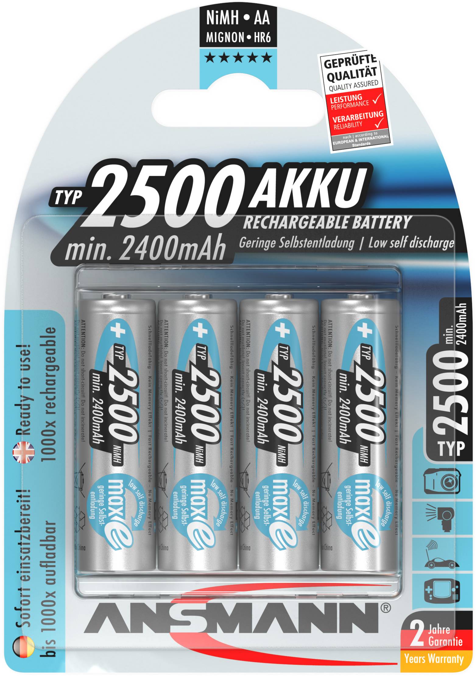 'Pack of four rechargeable AA batteries, Ansmann brand, Type 2500, with 2400mAh capacity and two-year warranty.'