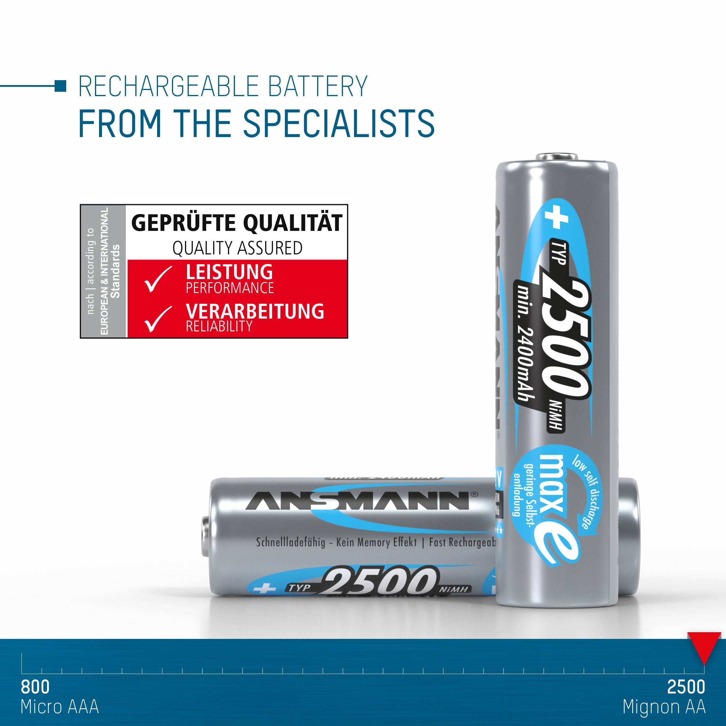 'Rechargeable Battery from the Specialists' and 'Quality Tested' next to a battery with 2500 mAh.