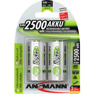 'Three rechargeable Ansmann NiMH C 2500 mAh batteries in a pack. Suitable for high-energy consumption devices.'