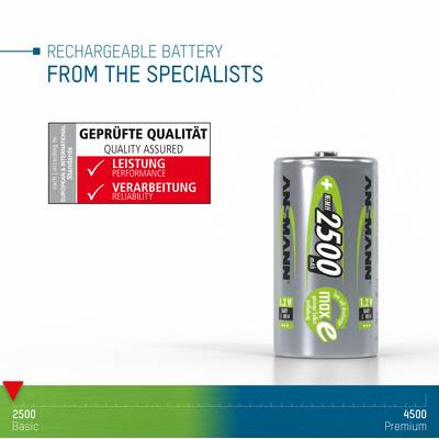 'ANSMANN' rechargeable battery, 2500 mAh. Label: 'Quality tested'. Graphical display shows that this is the 'Premium' range.