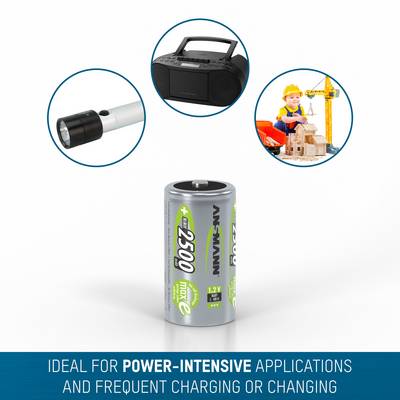 'Battery with 2500 mAh ideal for power-intensive applications, shown here alongside torch, radio and children's toy crane.'