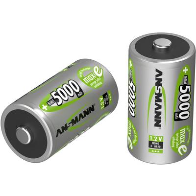 Two cylindrical batteries with the inscription 'Ansmann 5000 mAh, 1.2V Mono HR20' in grey and green, lying down and standing up.