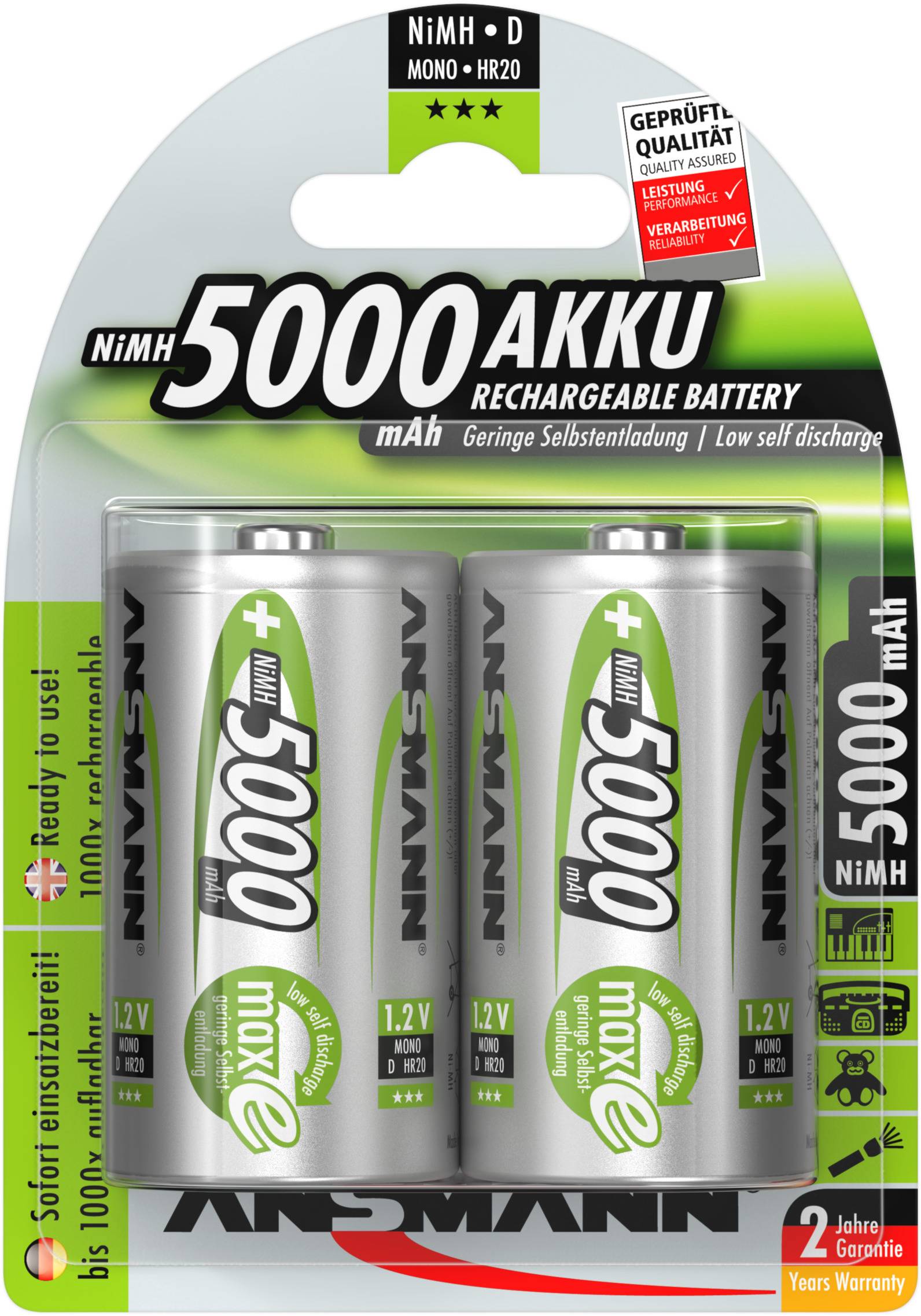 Four silver NiMH rechargeable batteries, labelled '5000 mAh', standing in a green cardboard box. 'Ready to use!' and '5 year guarantee' highlighted.