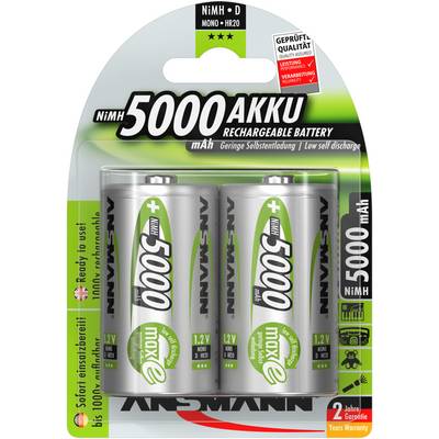 Four silver NiMH rechargeable batteries, labelled '5000 mAh', standing in a green cardboard box. 'Ready to use!' and '5 year guarantee' highlighted.