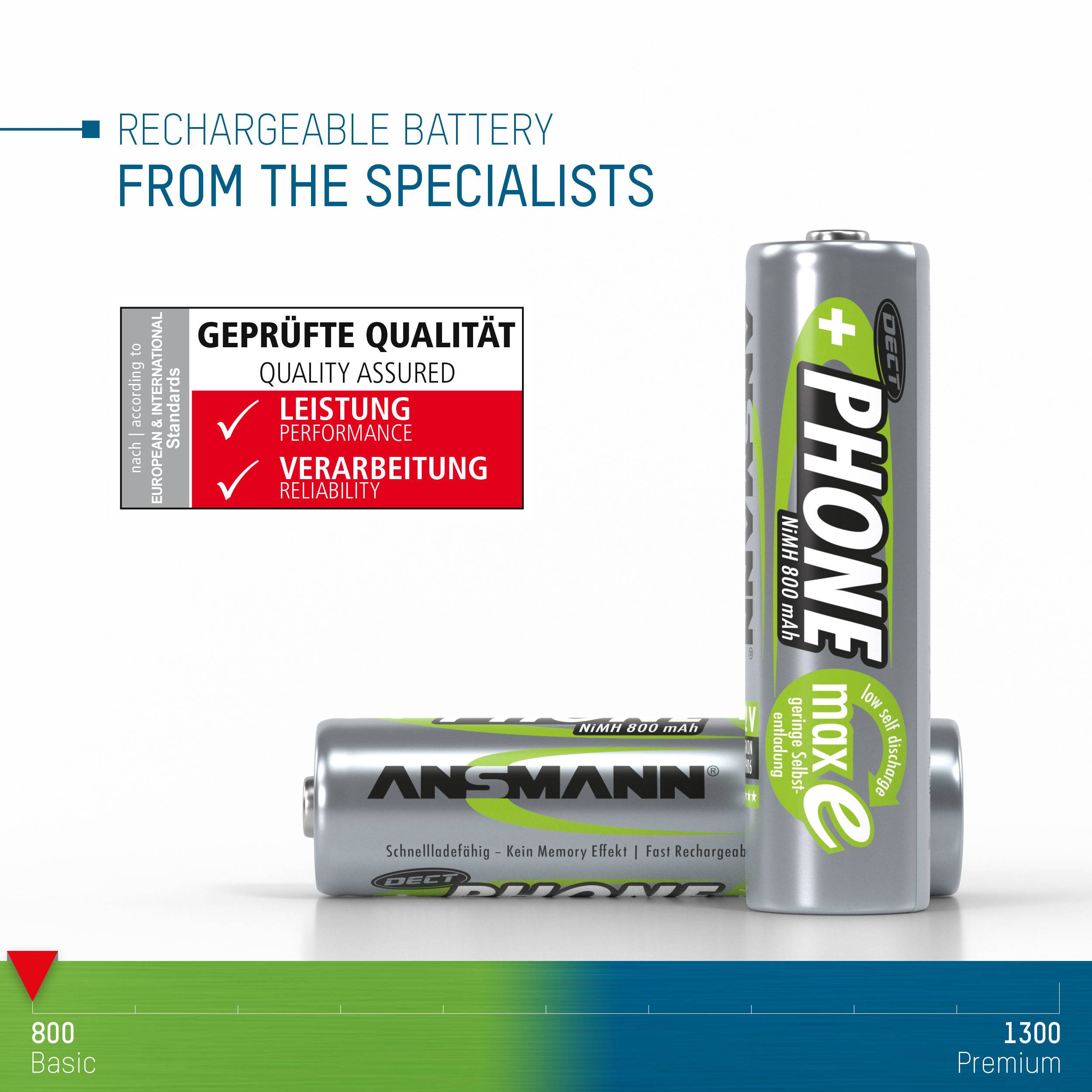 'Two rechargeable batteries, one upright, one horizontal. Labelling: PHONE max e 800 mAh. Note indicating verified quality and performance.'