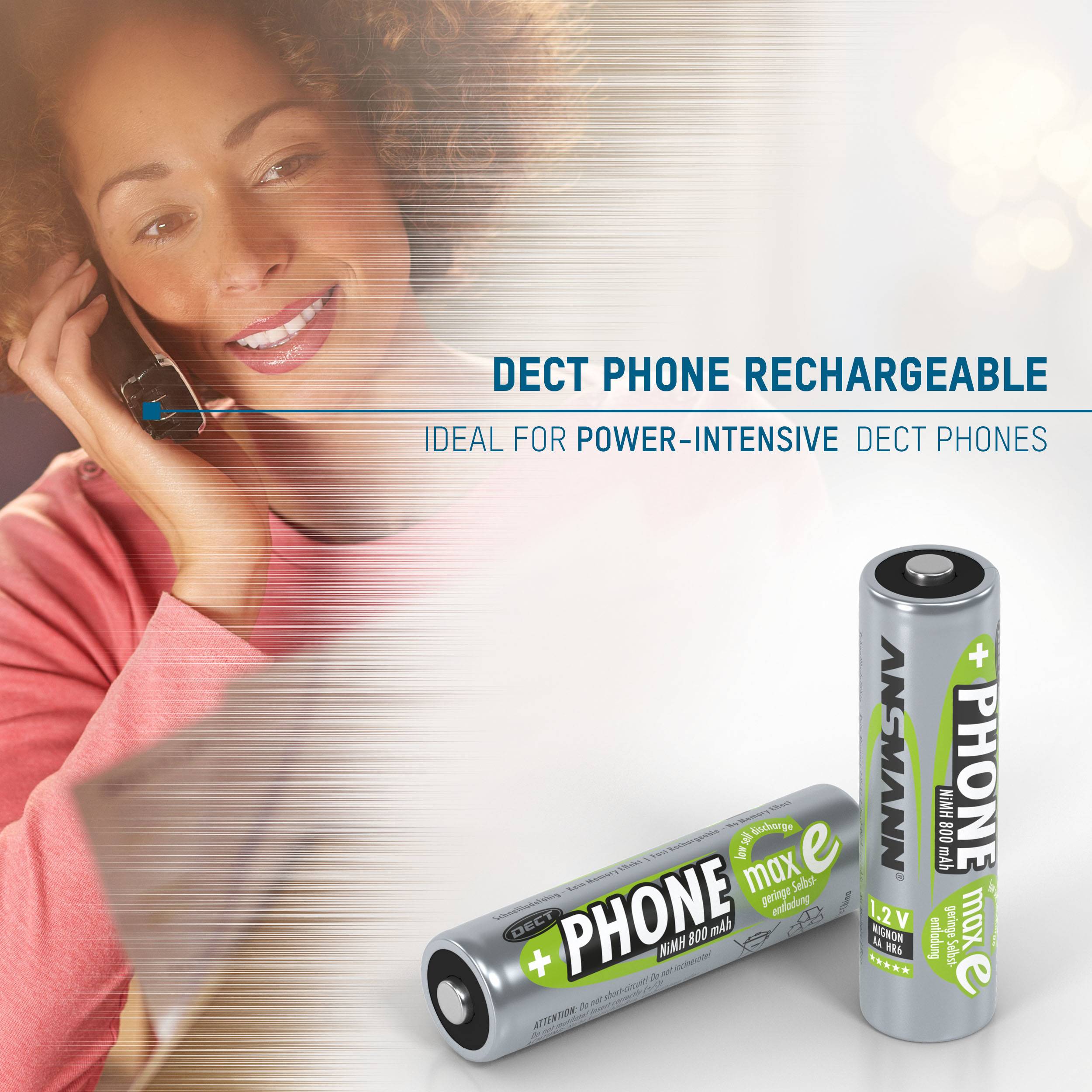 A woman is on the phone, next to rechargeable DECT telephone batteries with the label 'Ideal for power-intensive DECT phones'.