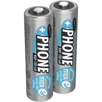 Two silver AA batteries with the inscription 'PHONE' and '1300 mAh'. They are standing upright and have a blue logo.