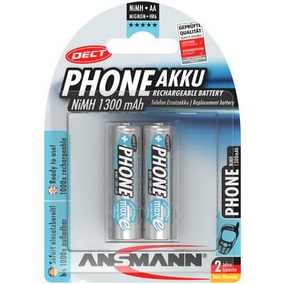 'Two rechargeable NiMH AA batteries, 1300 mAh, by Ansmann, packaged for DECT phones, with a 2-year warranty.'