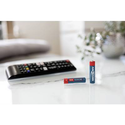 A remote control is lying on a table, next to two batteries, one lying down ('AAA Alkaline') and one standing upright.