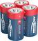 Four red and blue alkaline C-type batteries in a group, brand name visible on the side.