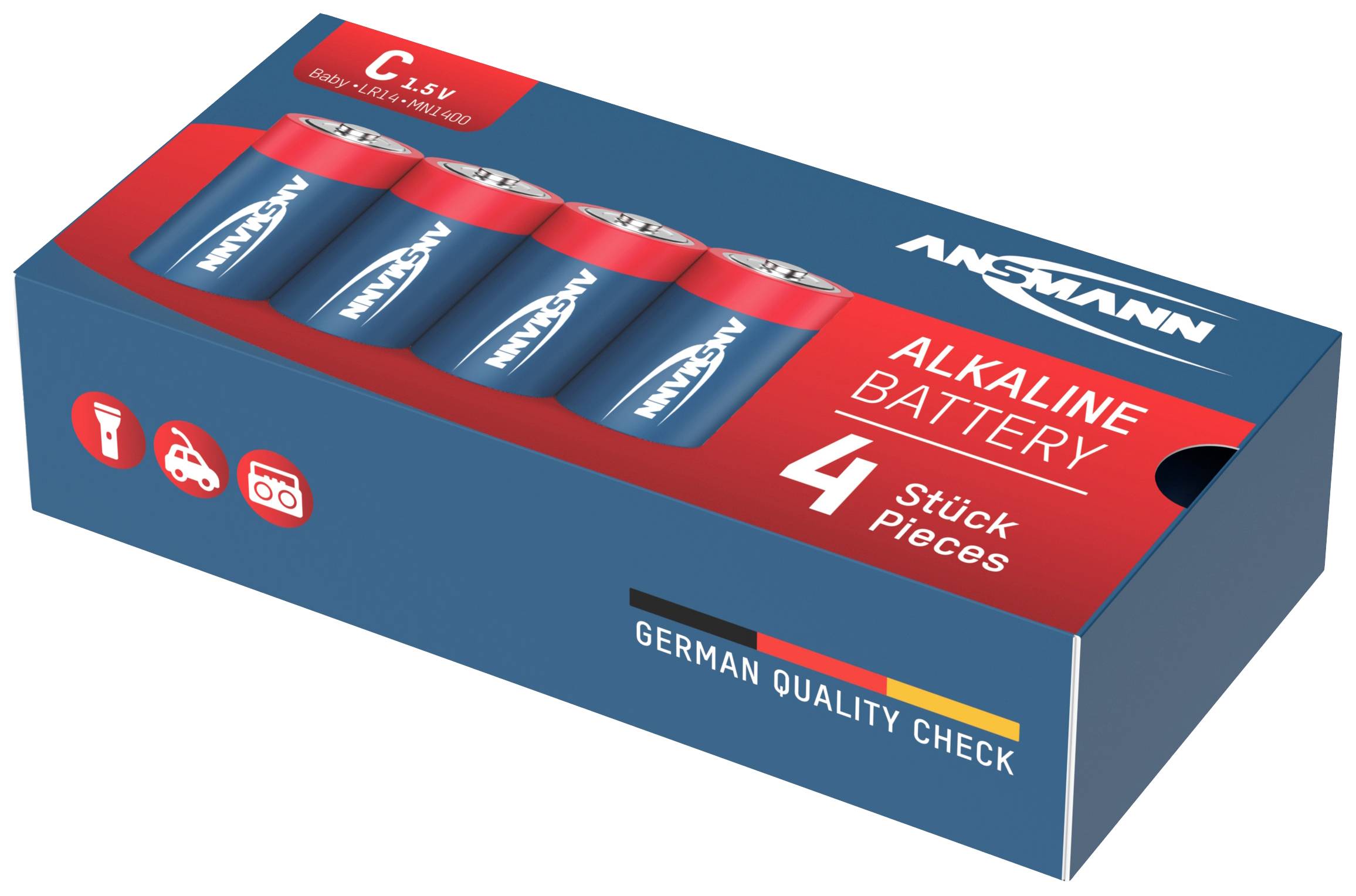 A pack of four Ansmann alkaline batteries, C type, 1.5V. The packaging shows symbols indicating they are suitable for torches and cameras.