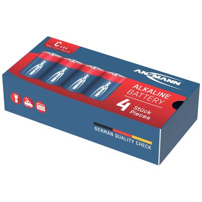 A pack of four Ansmann alkaline batteries, C type, 1.5V. The packaging shows symbols indicating they are suitable for torches and cameras.